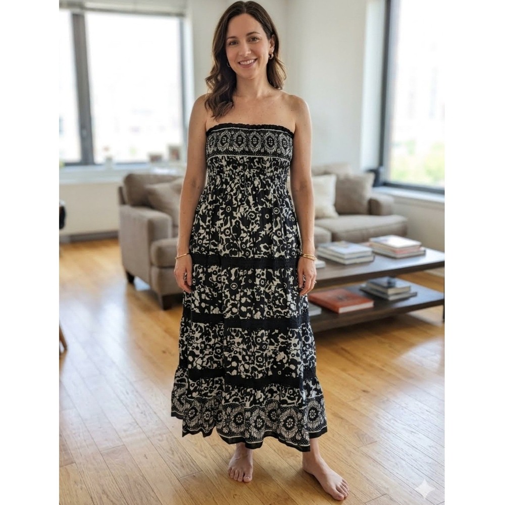 Speed Control Strapless Cotton Maxi Dress 3X Black Gray Floral Boho Tiered Beach